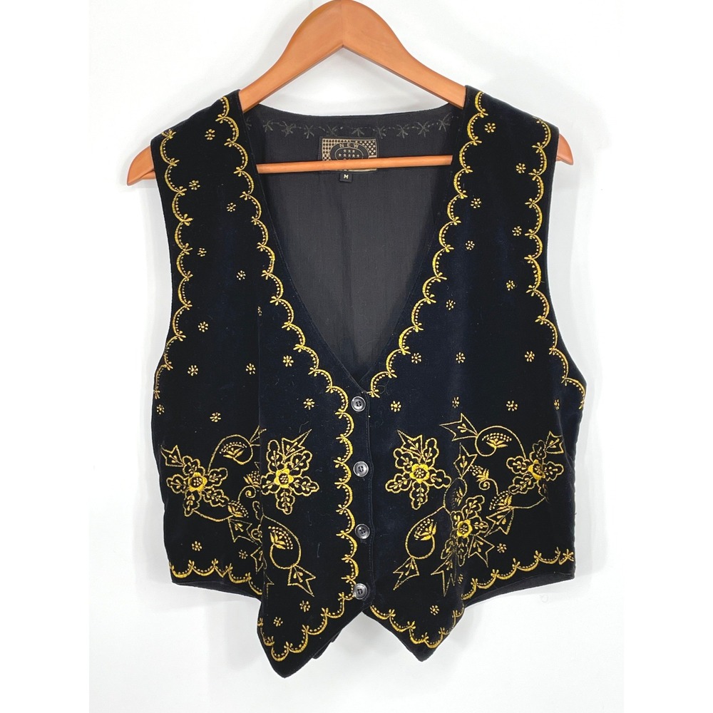 New Directions Women Vest M Velvet Black Gold Floral Embroidered Boho Retro Chic